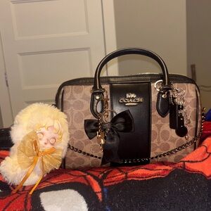 Coach Brown Signature Canvas Satchel with Black Leather Trim